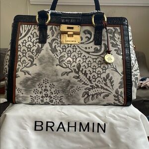 Brahmin Black and White Satchel with Gold Accents